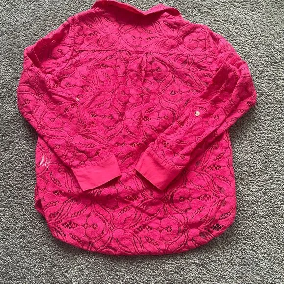 Anthropologie Womens Lace Button Down Sz 4 Pink Preppy Office Bright Colorful - Picture 4 of 7